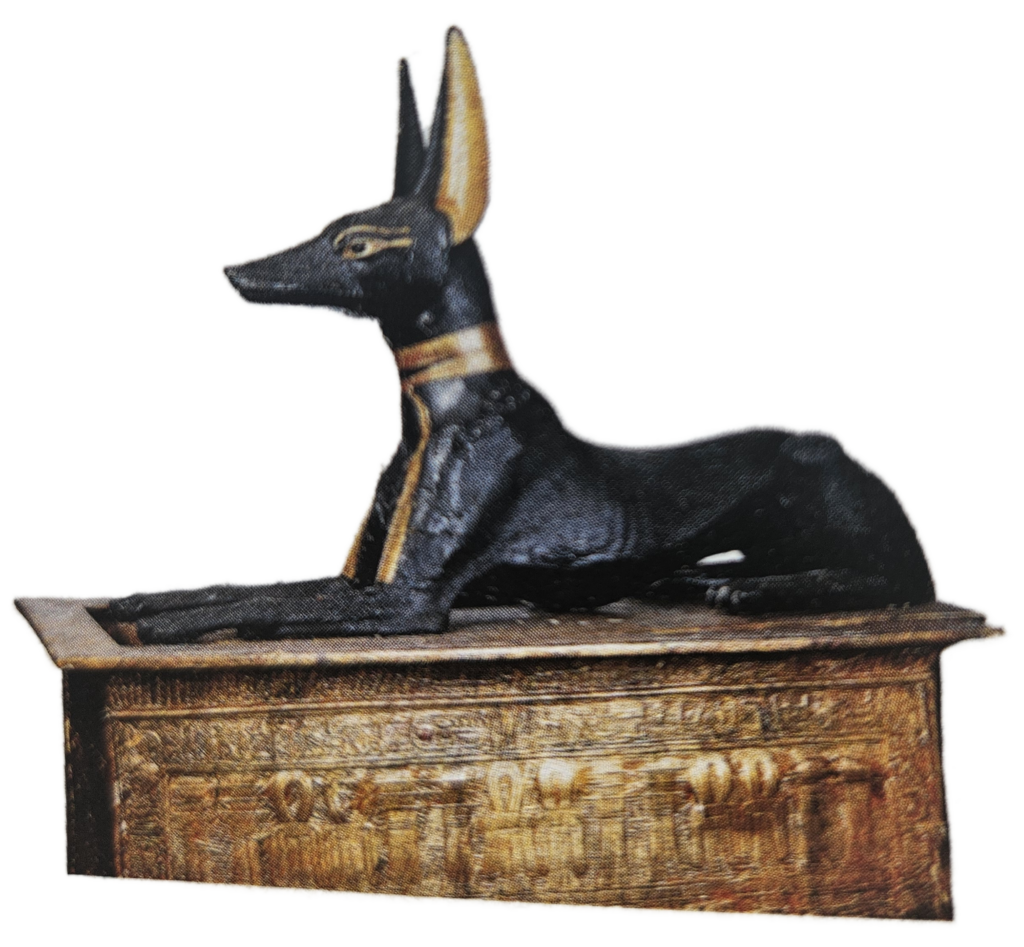 Statue de bois d’Anubis, venant du tombeau de Toutankhamon pour accompagner le défunt.