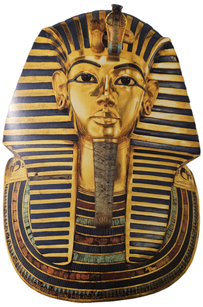 Masque funéraire de Toutankhamon portant le némès la coiffe du Pharaon, avec l’Uraeus (cobra) et le Vautour. qui symbolisent le pouvoir de Pharaon sur la Haute et la Basse-Egypte. en or massif, pâte de verre et pierres semi-précieuses, ses yeux sont en obsidiennes et en quartz H54cm, L39,3cm, 11Kg