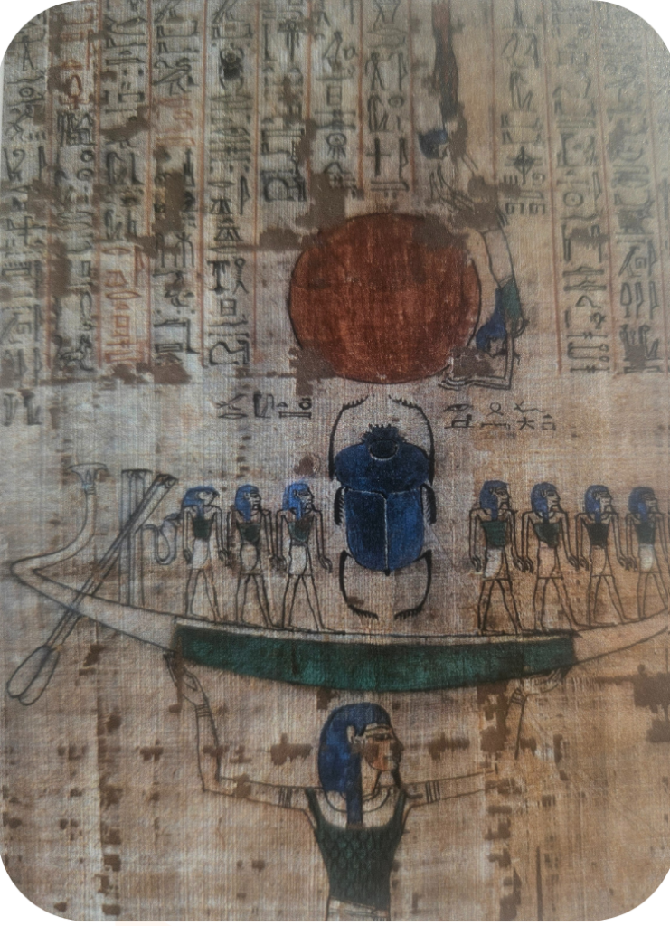 Noun l’océan primordial, tient la barque du scarabée Khépri, avec le soleil levant.