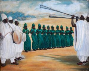 Akinola Lasekan, Yoruba drummers and dancers, Huile sur toile, 1970