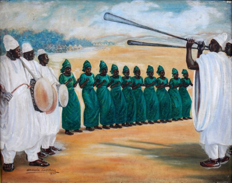 Akinola Lasekan, Yoruba drummers and dancers, Huile sur toile, 1970